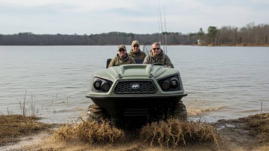 classic recreational 4x4, adventurous, crossing a flowing river, photorealistic, dramatic mountain backdrop, highly detailed, water splashing up, UHD quality, natural greens and browns, sunrise illumination, shot with an ultra-wide lens